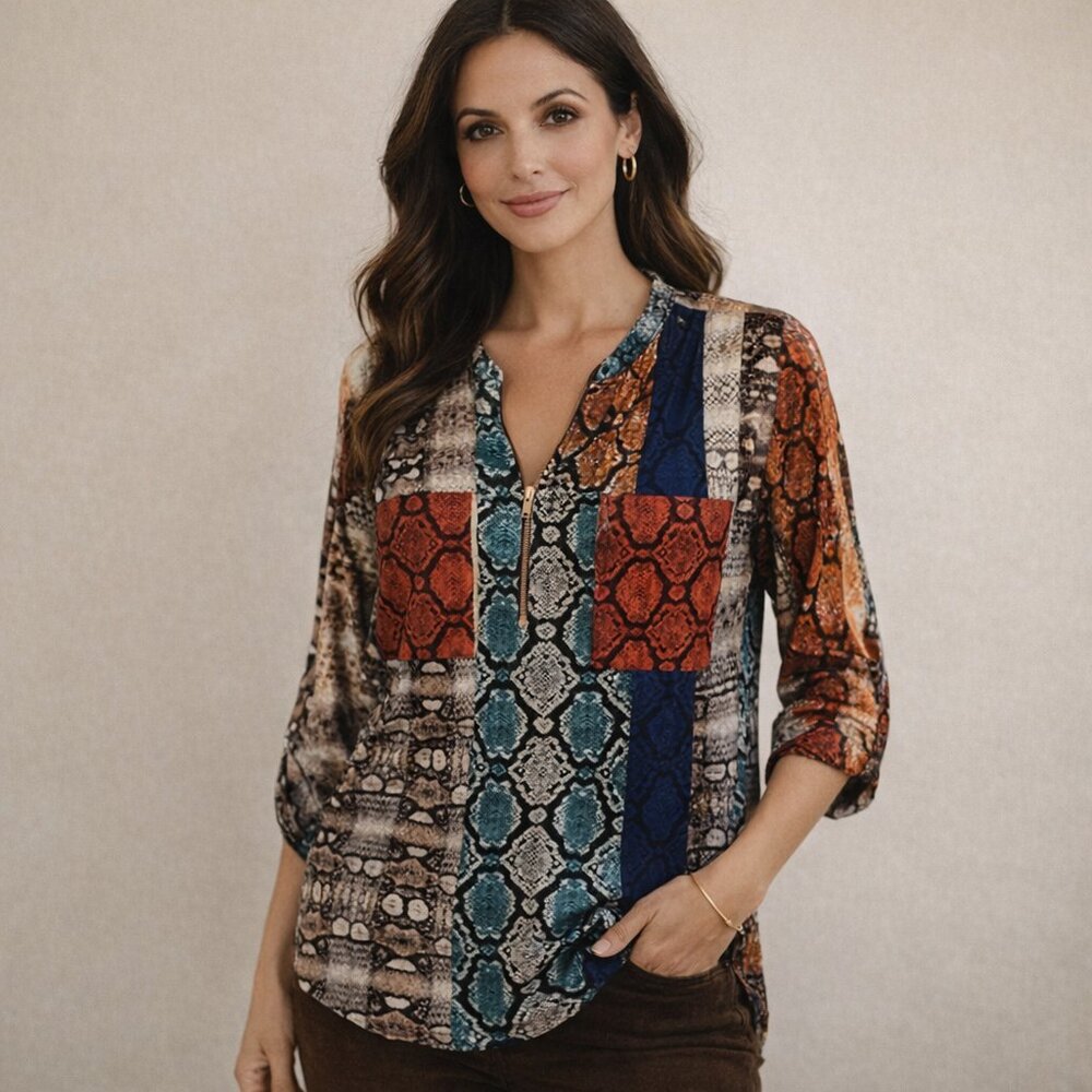 Ellen Tracy Patchwork Print Blouse Size Large Boho Chic